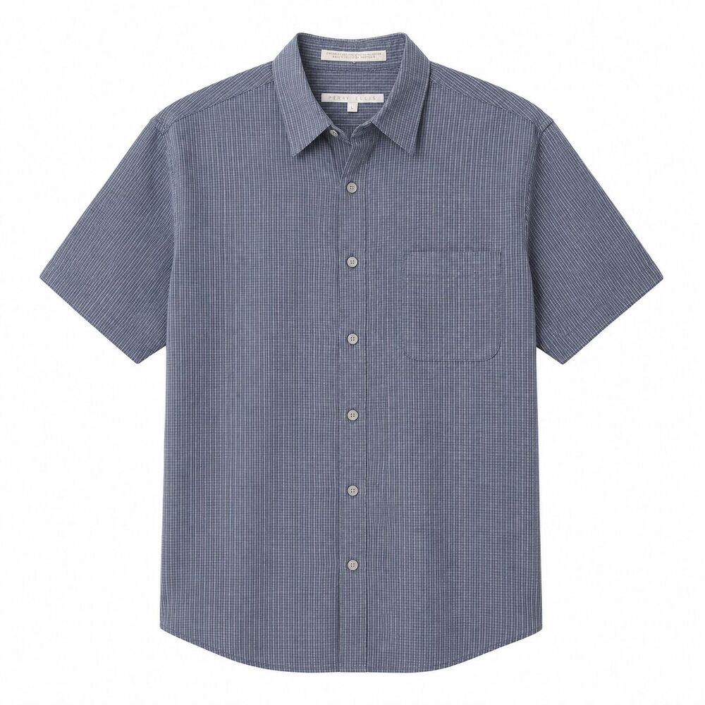 Perry Ellis Men L Blue Gray Micro Check Short Sleeve Button Up Shirt Rayon